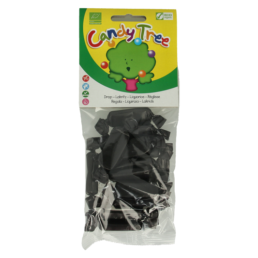 Candy Tree Droptoffees bio snoepgoed in 75g package, colorful and fruity candy treats with natural ingredients.