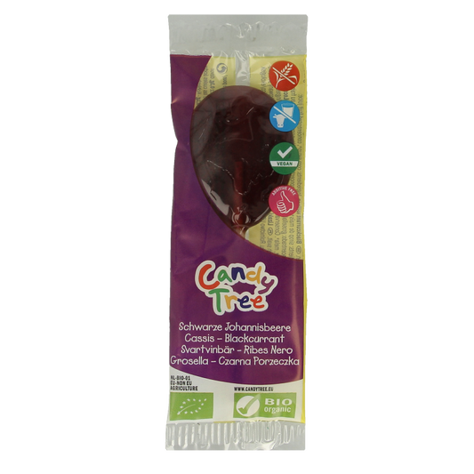 Candy Tree Cassis bio lollie, natural blackcurrant-flavored candy, featuring a colorful, fruit-shaped design.