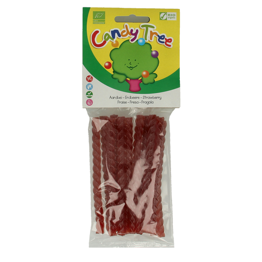 Candy Tree Bio Aardbeikabels, 75g, colorful strawberry-flavored chewy candy strands from Candy Tree.