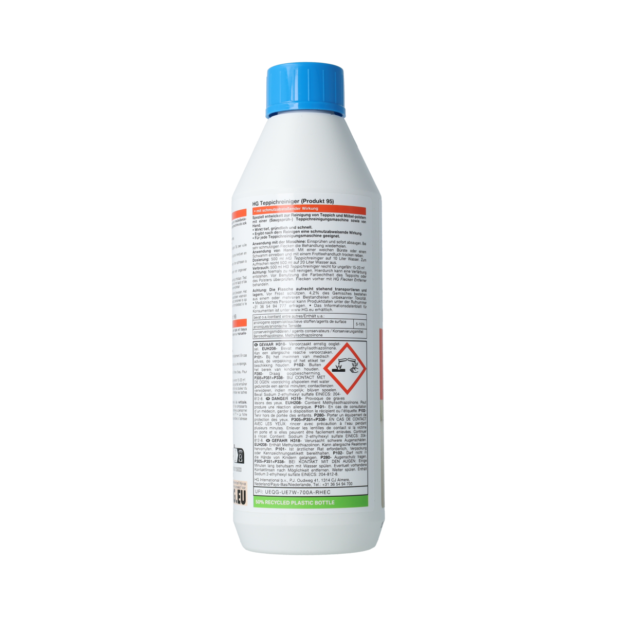 HG Tapijt Reiniger 95, 500ml bottle of carpet cleaner for effective stain removal and deep cleaning of carpets.