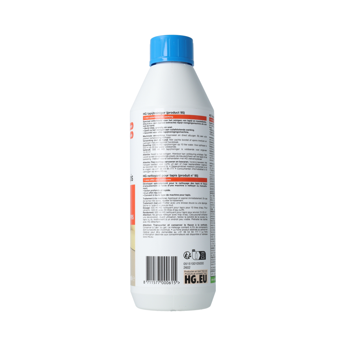 HG Tapijt reiniger 95, 500ml bottle of carpet cleaner from HG for effective stain removal and deep cleaning.