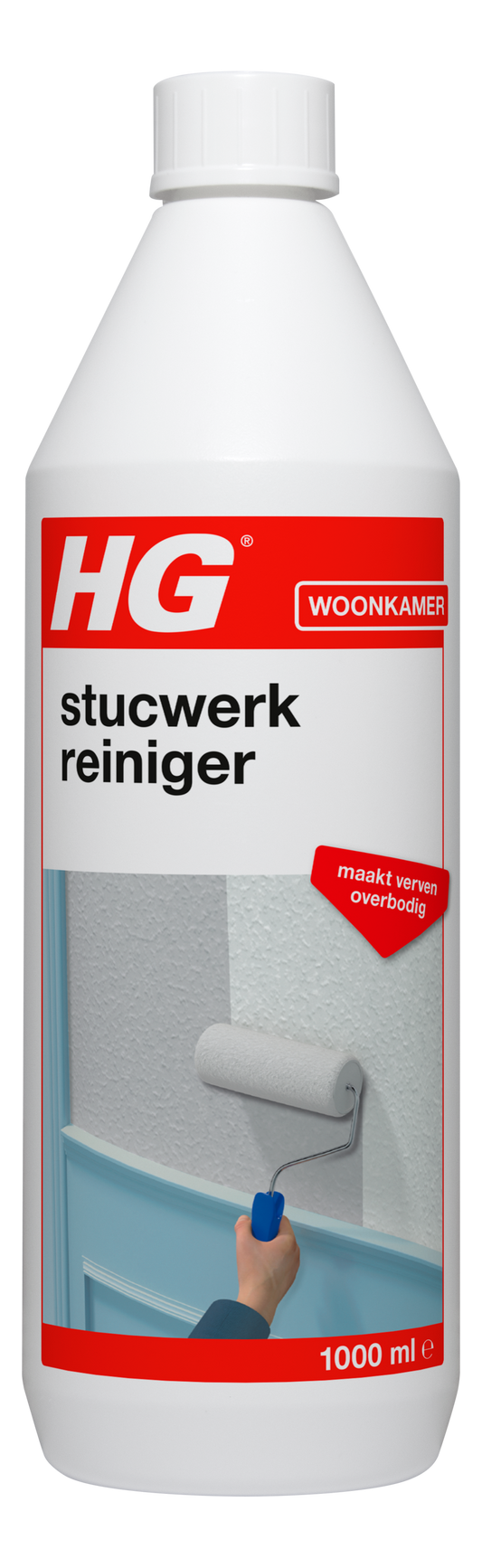HG Stucwerk reiniger in 1-liter bottle, a cleaning product for wall and ceiling surfaces, with label detail visible.
