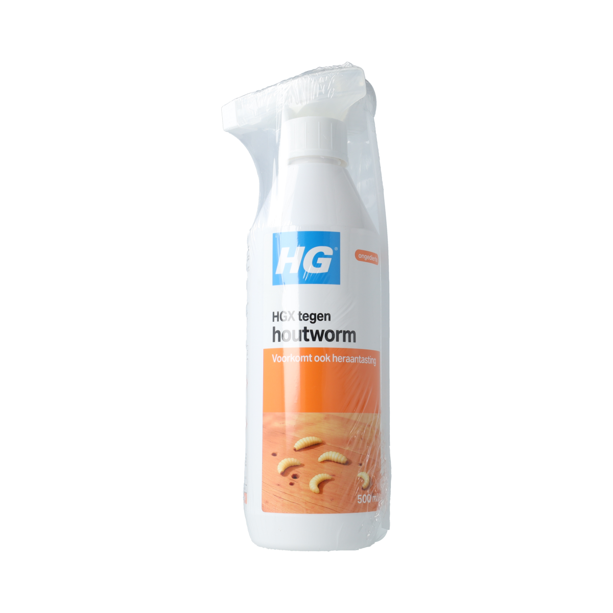 HG X tegen houtworm pesticide bottle, 500ml, with label showing product details and brand logo, designed to treat woodworm infestations.