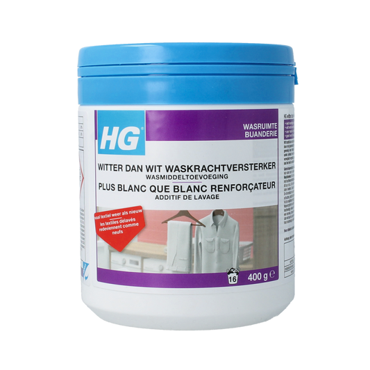 HG Witter dan wit waskrachtversterker 400g container, a cleaning product for whitening and cleaning laundry or surfaces.