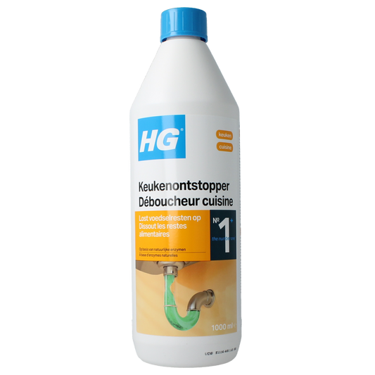 HG Keukenontstopper 1.00 liter bottle, green cap and label, for kitchen drain cleaning, in a cleaning product image.