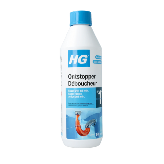 HG liquid drain unblocker bottle, 500ml, a cleaning product for clearing clogged pipes with a clear label and cap.