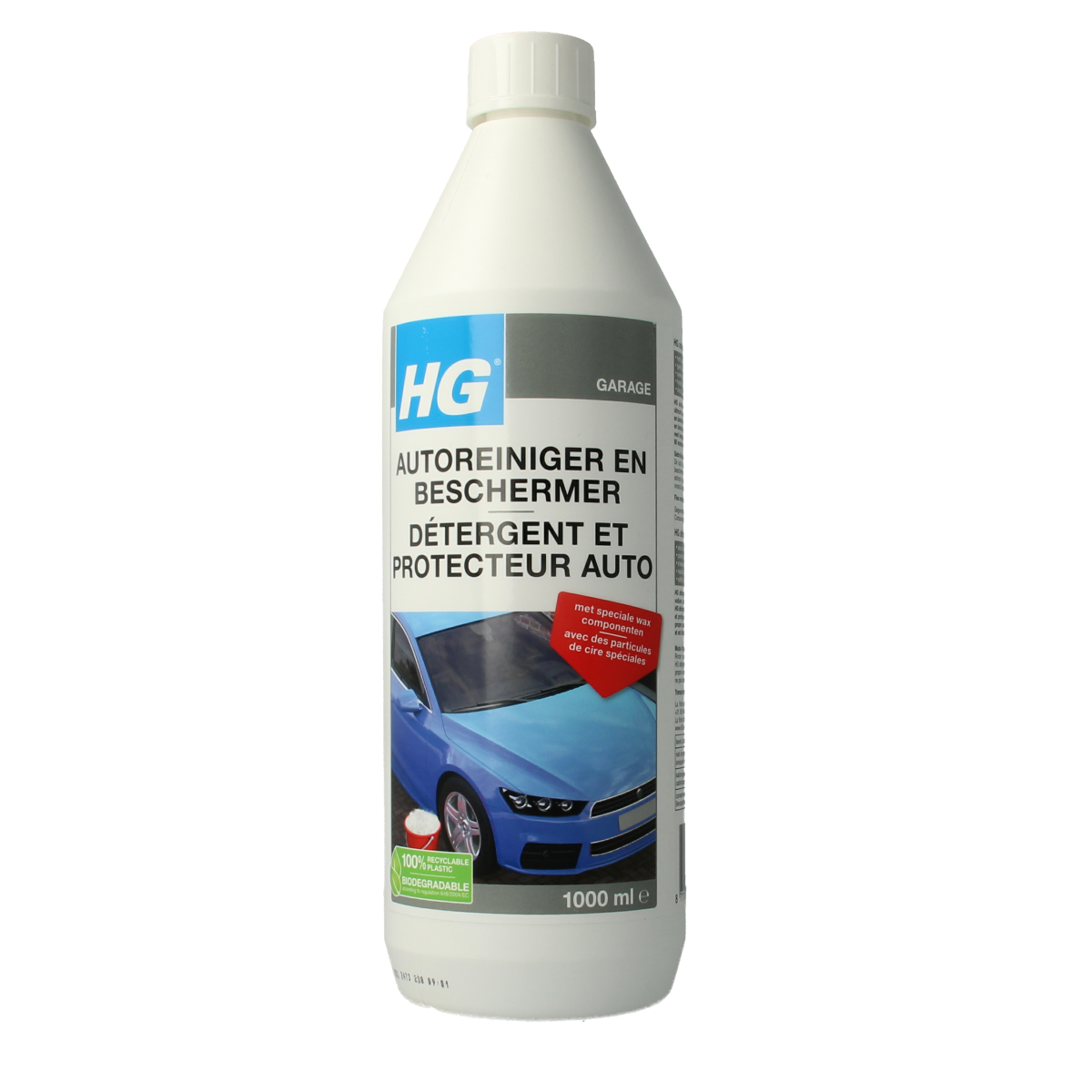 HG Auto reiniger en beschermer schoonmaakartikel in 1 liter bottle, designed for car cleaning and protection.