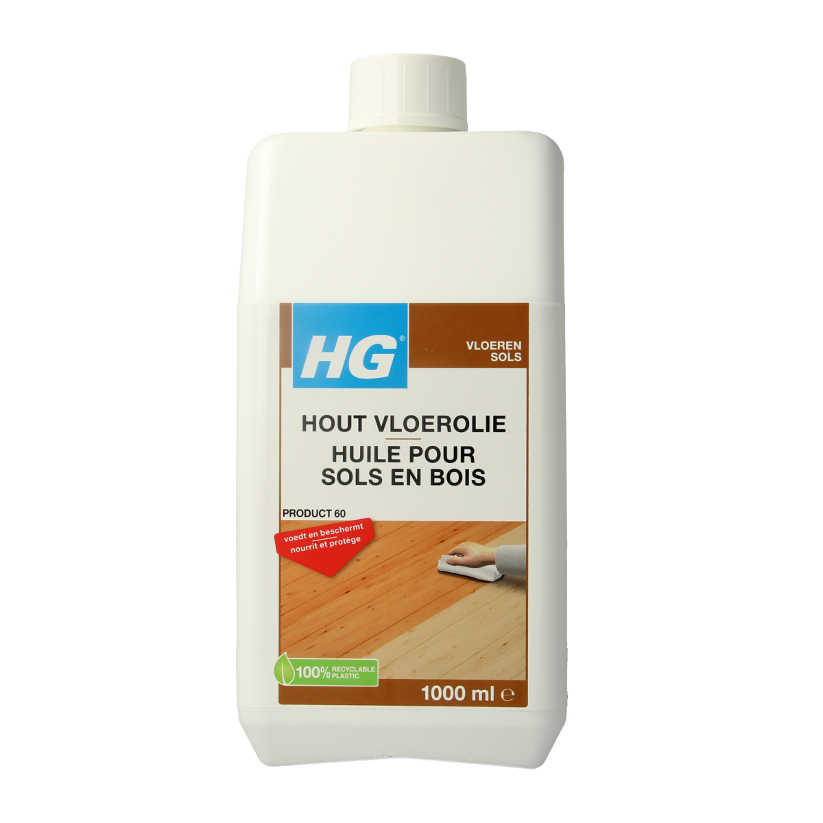 HG Hout Vloerolie 1 Liter bottle of wood floor oil, with brush applicator and product label visible in the image.