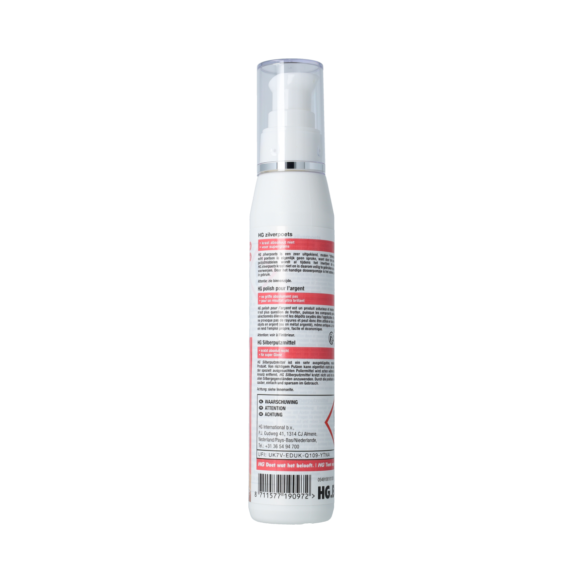 HG Zilverpoets 125ml silver polish cleaner in a clear bottle, designed for cleaning and polishing silverware and jewelry.