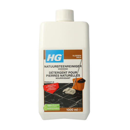 HG Natuursteen reiniger voedend 1 liter, natural stone cleaner and conditioner, shown in a 1-liter bottle with cleaning spray nozzle.