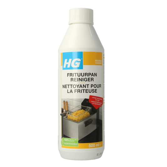 HG Frituurpan reiniger 500ml in spray bottle, cleaning product for deep-frying pans and kitchen appliances.