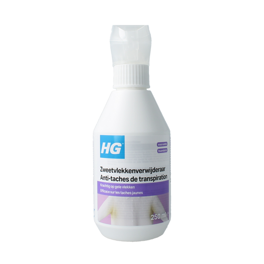 HG Zweetvlekken verwijderaar bottle, 250ml, cleaning product for removing sweat stains from fabrics and clothing.