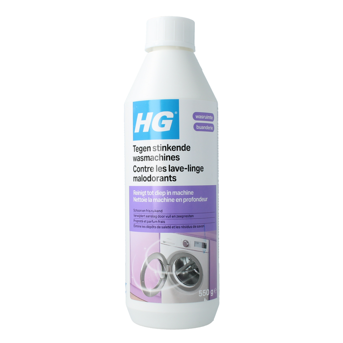 HG Tegen stinkende wasmachine cleaning product bottle, 550g, part of HG schoonmaakartikelen, with label and cap visible.