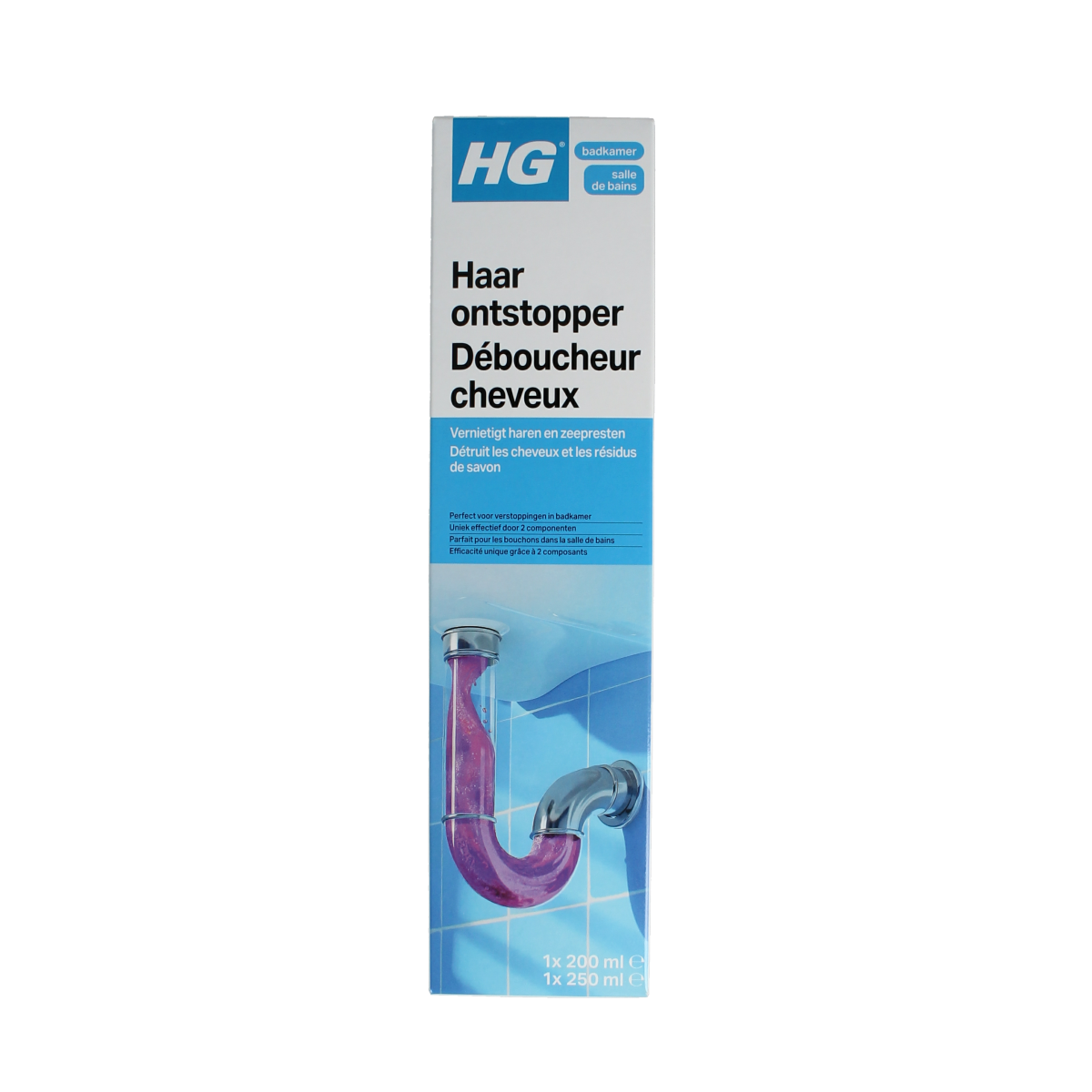 HG Haarontstopper 450ml cleaning product bottle for hair block removal, with a white spray nozzle and label featuring product details.