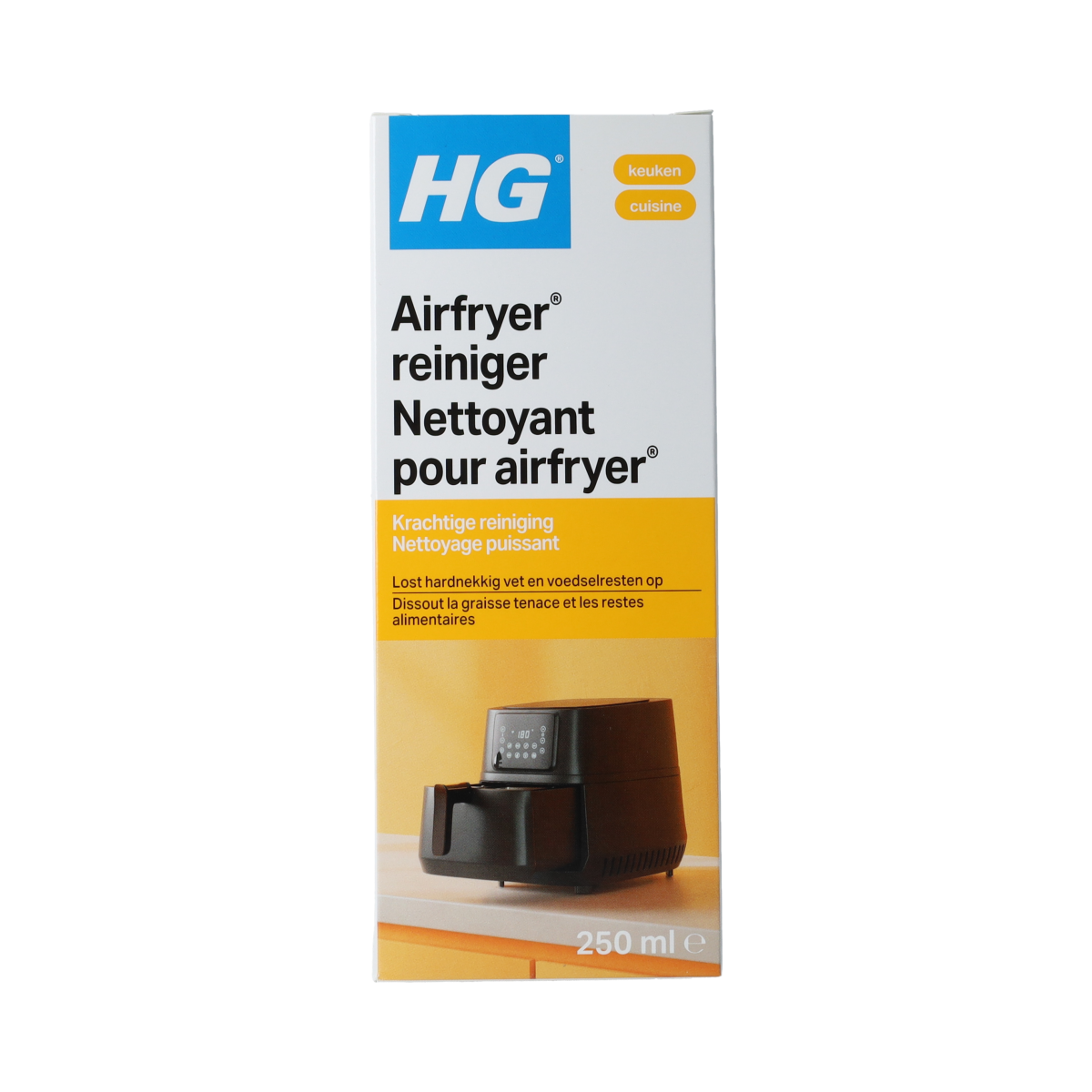 HG Airfryer cleaner 250ml bottle, a spray for kitchen appliances, with a clear label and cap visible in the image.
