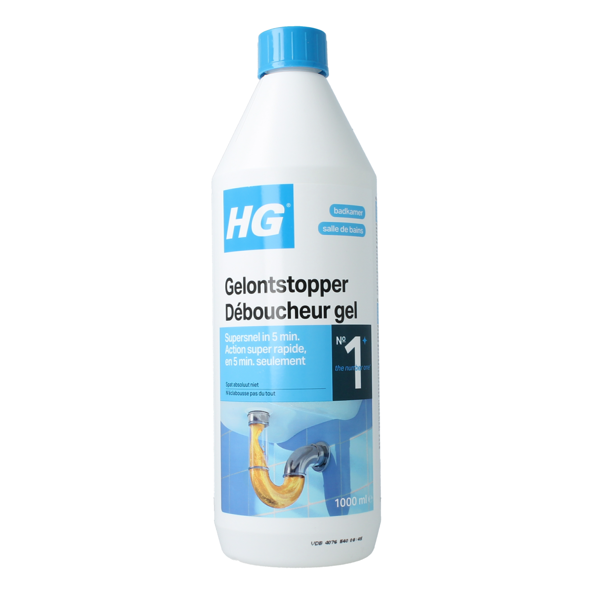 HG Gel ontstopper 1.00 liter cleaning product bottle with label featuring HG branding for drain unclogging.