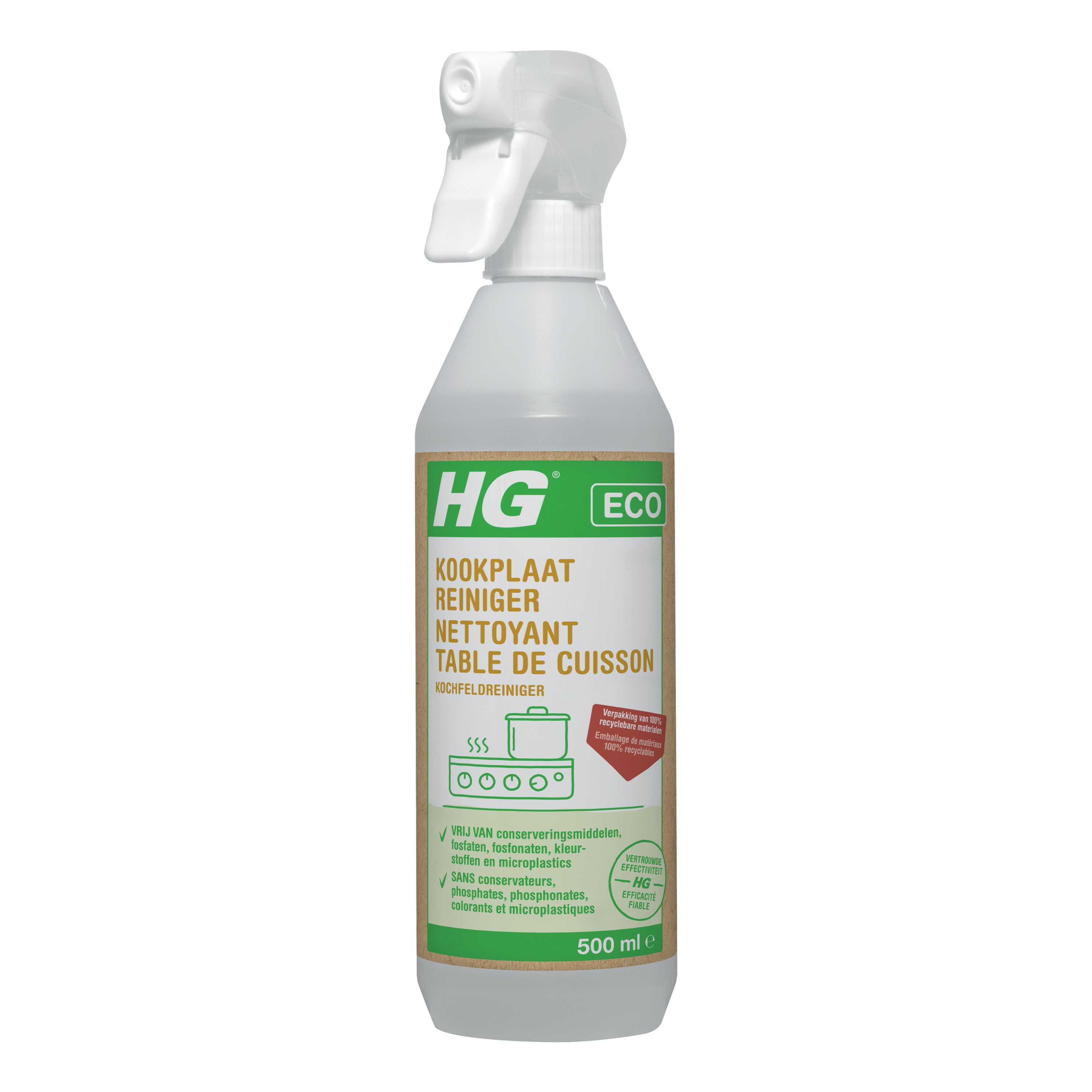 HG Eco kookplaatreiniger in a 500ml bottle, designed for cleaning and shining electric and induction cooktops.