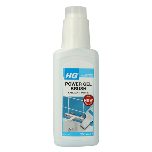 HG Power Gel Brush Kalk cleaning gel in a 250ml bottle, designed for tough limescale removal and easy bathroom cleaning.