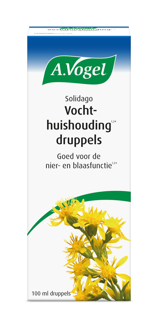 A Vogel Solidago herbal supplement in a 100ml bottle, part of A Vogel's herbal preparations line, with a label showing herbal ingredients.