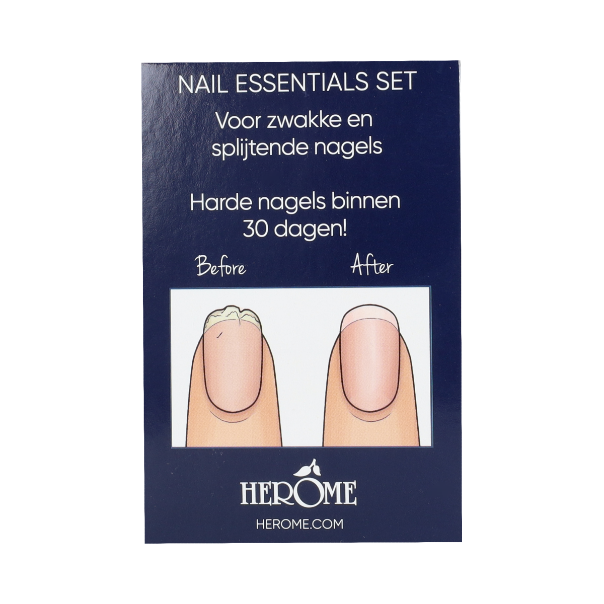 Herome Essentials hand care set for weak and splitting nails, includes nail treatment products and tools.
