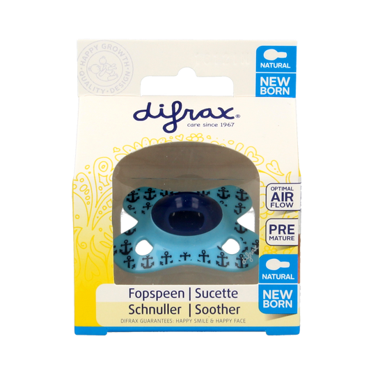 Difrax natural newborn pacifier in packaging, designed for infants, made for comfort and safety.
