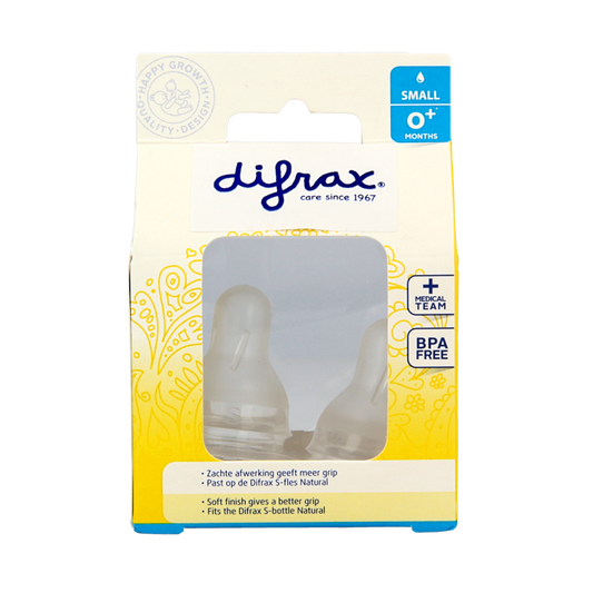 Difrax small 0+ natural baby bottles with two nipples, designed for newborns, shown with clear plastic bottles and nipples.