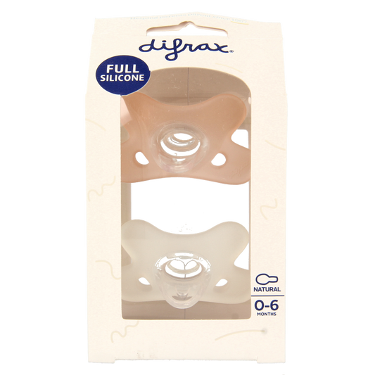 Difrax silicone baby pacifiers in natural style, suitable for 0-6 months, shown in a set of two in natural colors.