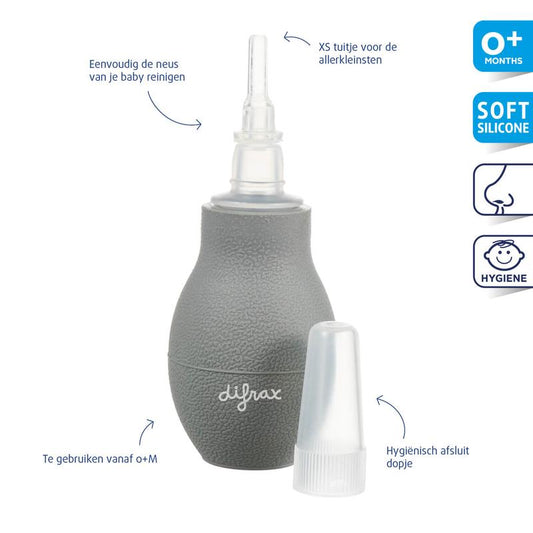 Diffrax Neusjesreiniger soft nasal spray for babies, with a soft tip, shown in a close-up image.