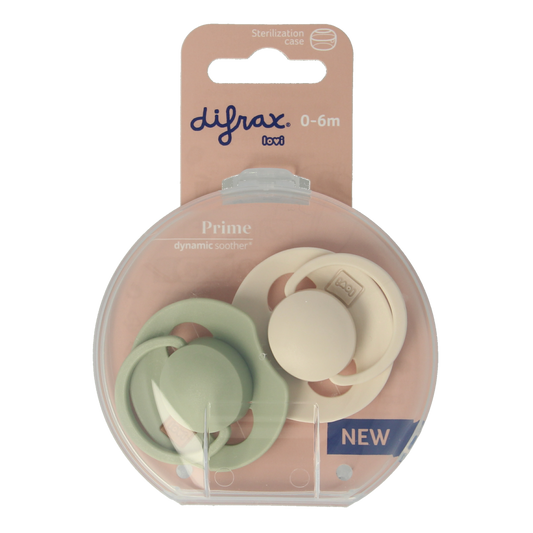 Difrax Fopspeen Prime for 0-6 months, set of 2, baby pacifiers in assorted colors, suitable for infants 0-6 months.