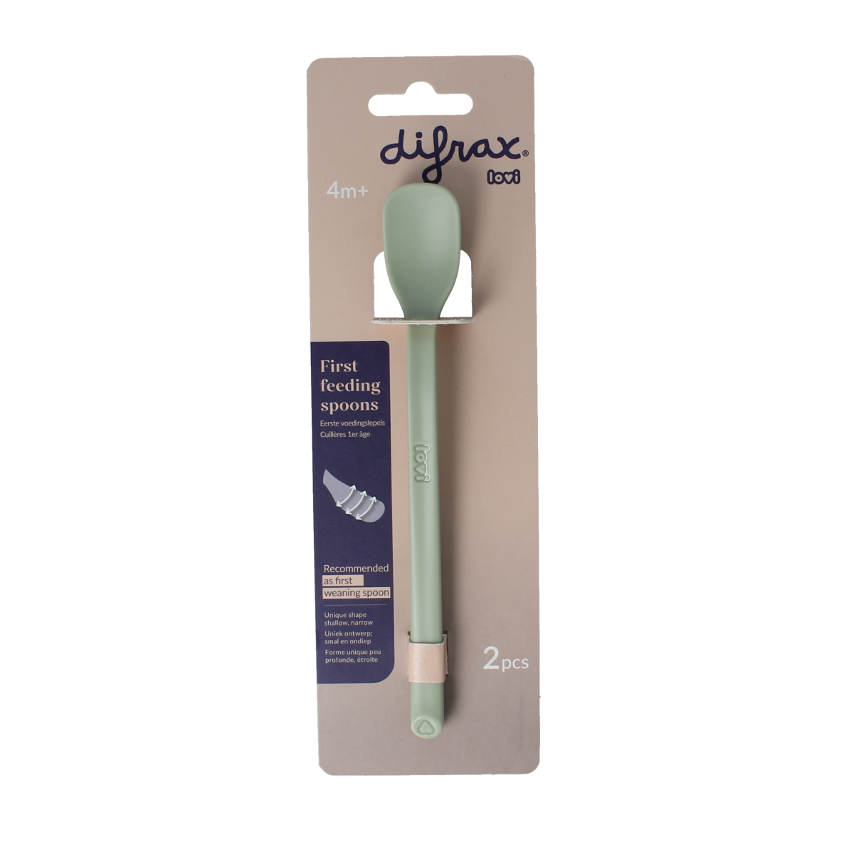Difrax Lovi eerste voedingslepel in pistachio color, toddler spoon for feeding, shown with handle and spoon bowl.