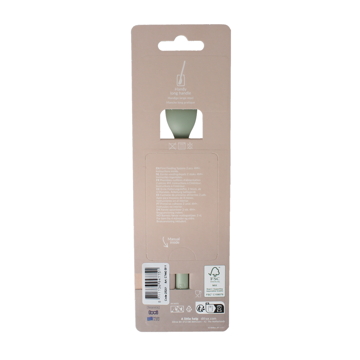 Difrax Lovi eerste voedingslepel in pistachio color, set of 2, designed for toddlers' feeding utensils.