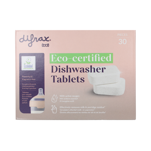 Difrax ECO Afwasmiddelen tabletten, 30 stuks, natural dishwashing tablets for eco-friendly cleaning in the kitchen.