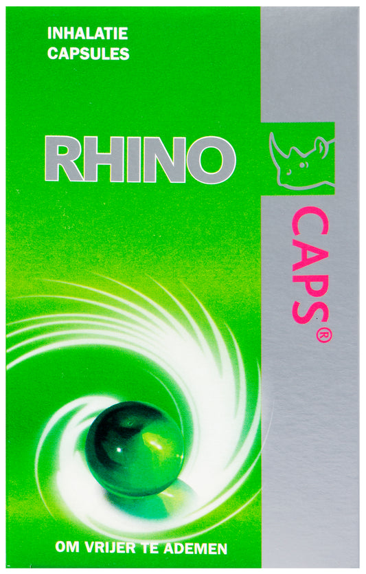 Rhino Inhalatiecapsules 16-pack for nasal care and inhalation, featuring natural ingredients for respiratory relief.