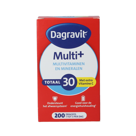 Dagravit Totaal 30 multivitamin dragees in a blister pack, dietary supplement with various vitamins and minerals.