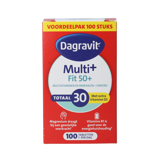 Dagravit Totaal 30 Vitaal 50+ multivitamin tablets in a white bottle with label showing product details