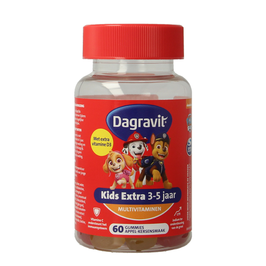 Dagravit Kids extra 3-5 jaar multivitamine gummies in a colorful container for children aged 3 to 5.