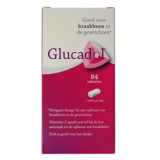 Glucadol Vitamine Multi mineralen supplement with 84 tablets, showing the colorful packaging and tablets inside.