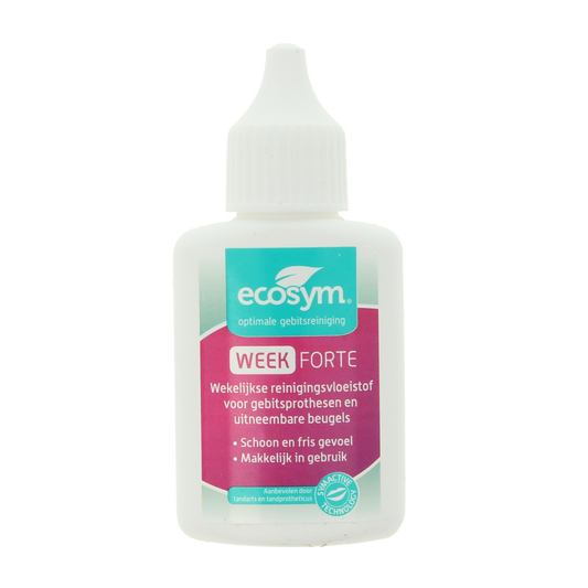 Ecosym Weekbehandeling Forte Mini prostheses care in 20ml bottle, designed for denture maintenance and oral hygiene.