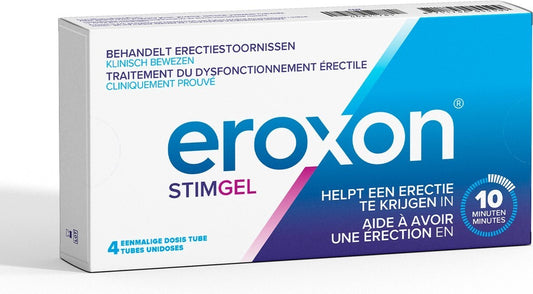 Eroxon Stim gel in four tubes, herbal preparation for enhanced performance, shown in a close-up image with packaging details.