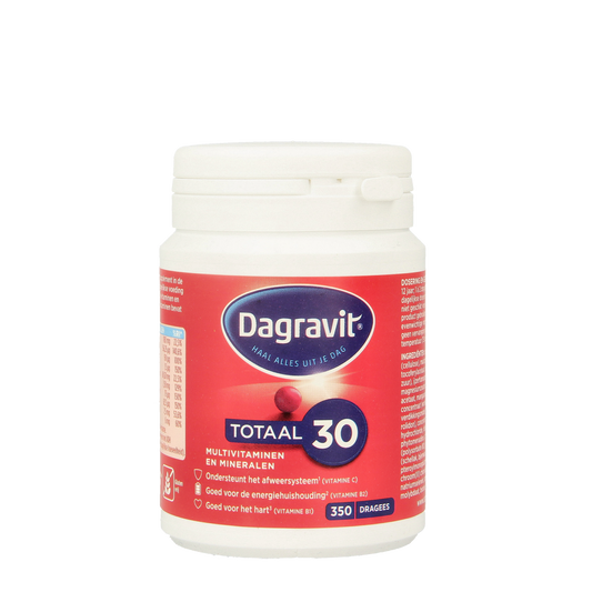 Dagravit Totaal 30 multi-vitamin dragees in a clear container, showing colorful coated tablets for daily health support.