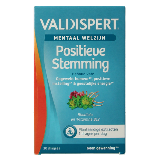 Valdispert Positieve stemming herbal supplement dragees in a clear container, showing 30 herbal remedy tablets.