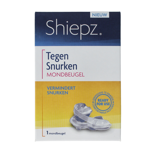 Shiepz snoring mouthguard for nasal care, shown in packaging, designed to reduce snoring and improve breathing during sleep.