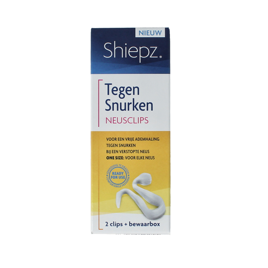Shiepz neusclip for snoring relief, shown on a nose, part of nasal care and inhalation products, in a box of two.