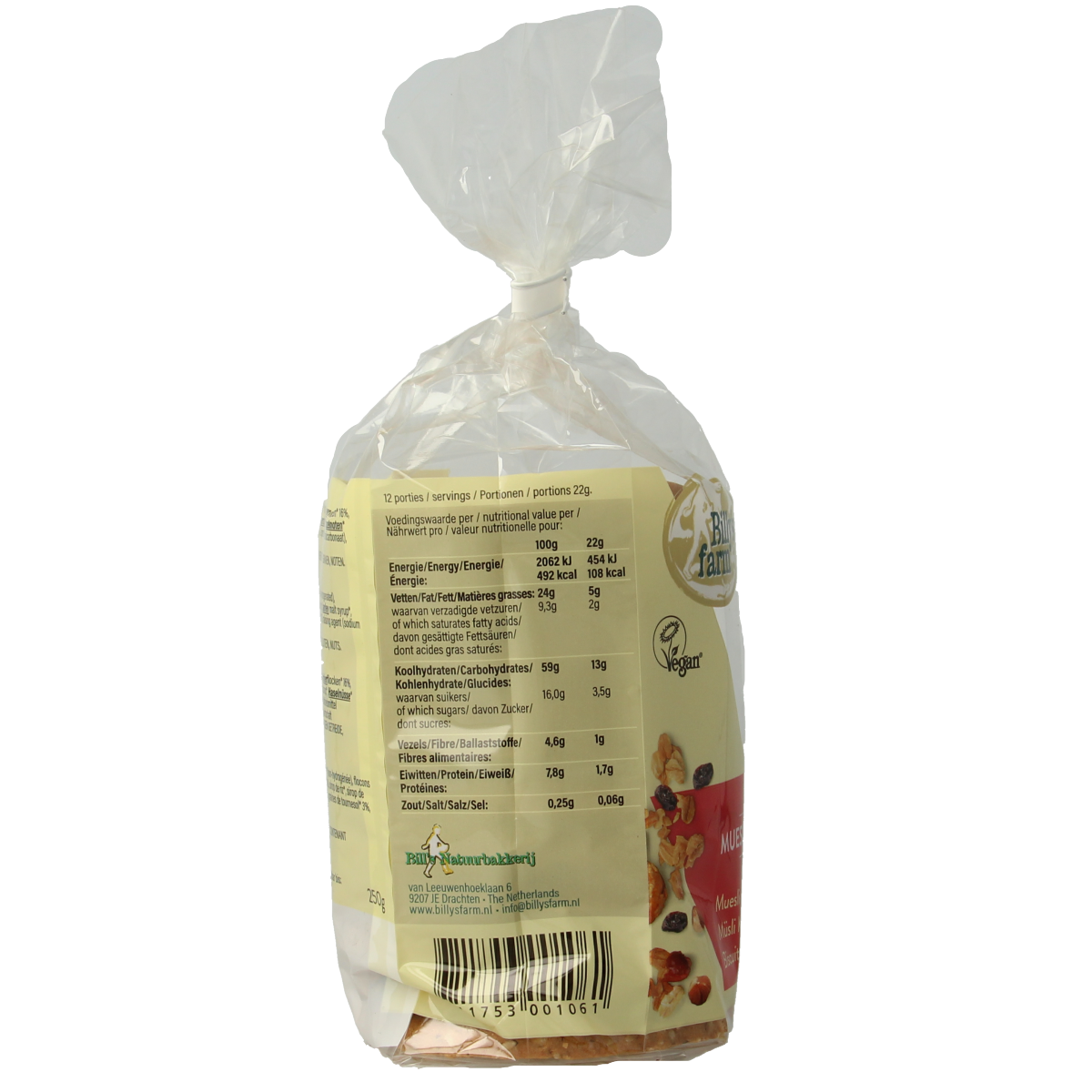 Billy's Farm bio Mueslikoeken, 250g, natural whole grain cookies shown in a clear image.