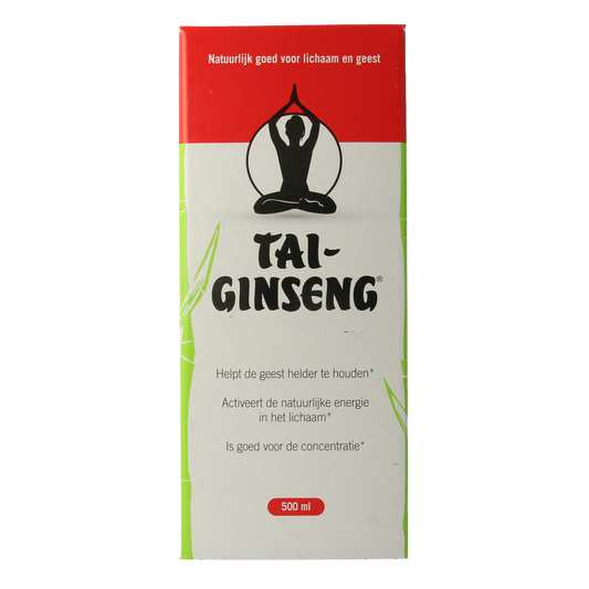 Bottle of Tai Ginseng Tai-Ginseng elixir 500ml in a herbal preparation bottle with a label showing the brand and product details.