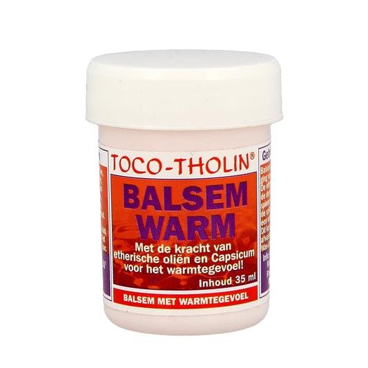 Toco Tholin Balsem warm 35ml for muscle and joint care, featuring a white and blue tube with product branding and a cap.