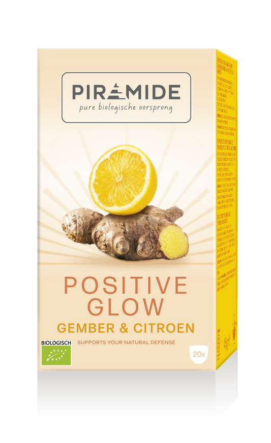 Piramide Positive Glow Bio coffee and tea pyramid tea bags, organic packaging with green and white design.