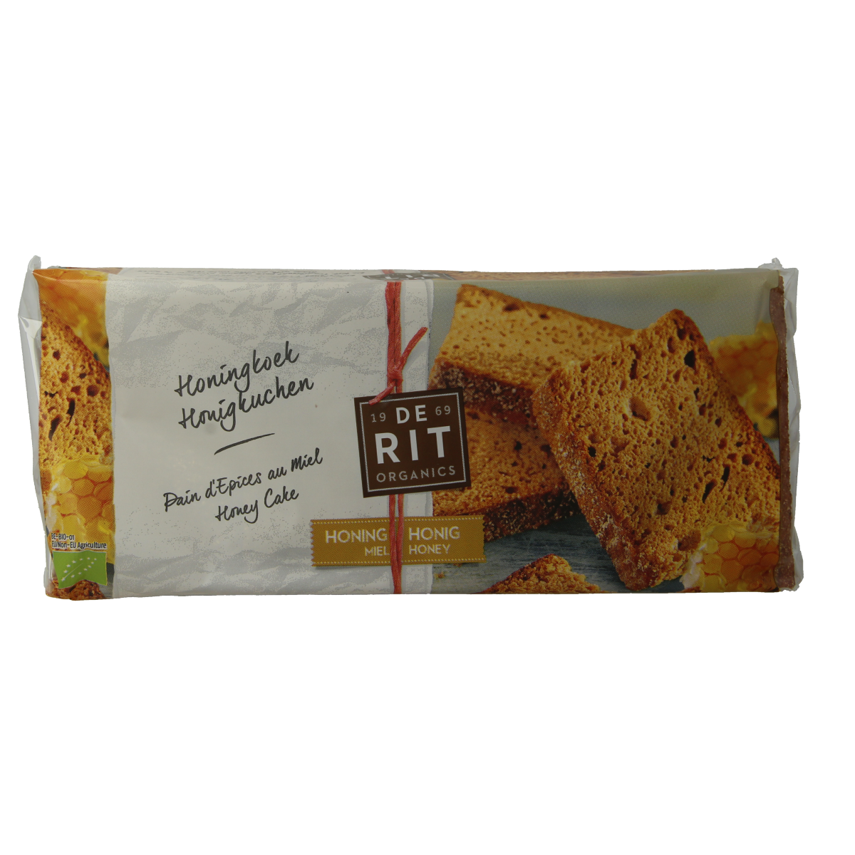 De Rit volkoren honingkoek bio, 500 gram, featuring a golden-brown honey-flavored spiced biscuit in a package.