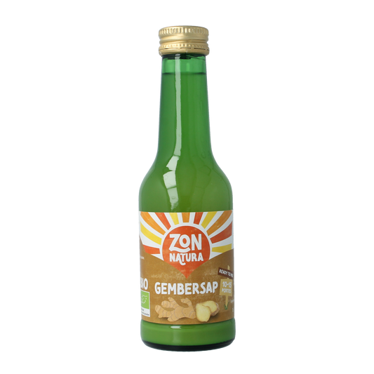 Zonnatura Gembersap bio 200ml organic ginger juice bottle, clear liquid with ginger root ingredients visible inside