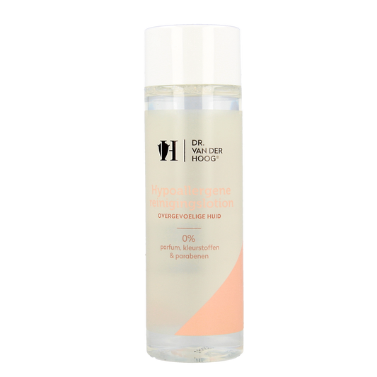Dr. van der Hoog hypoallergenic facial cleansing lotion 200ml bottle, gentle skincare product with a white and blue label.